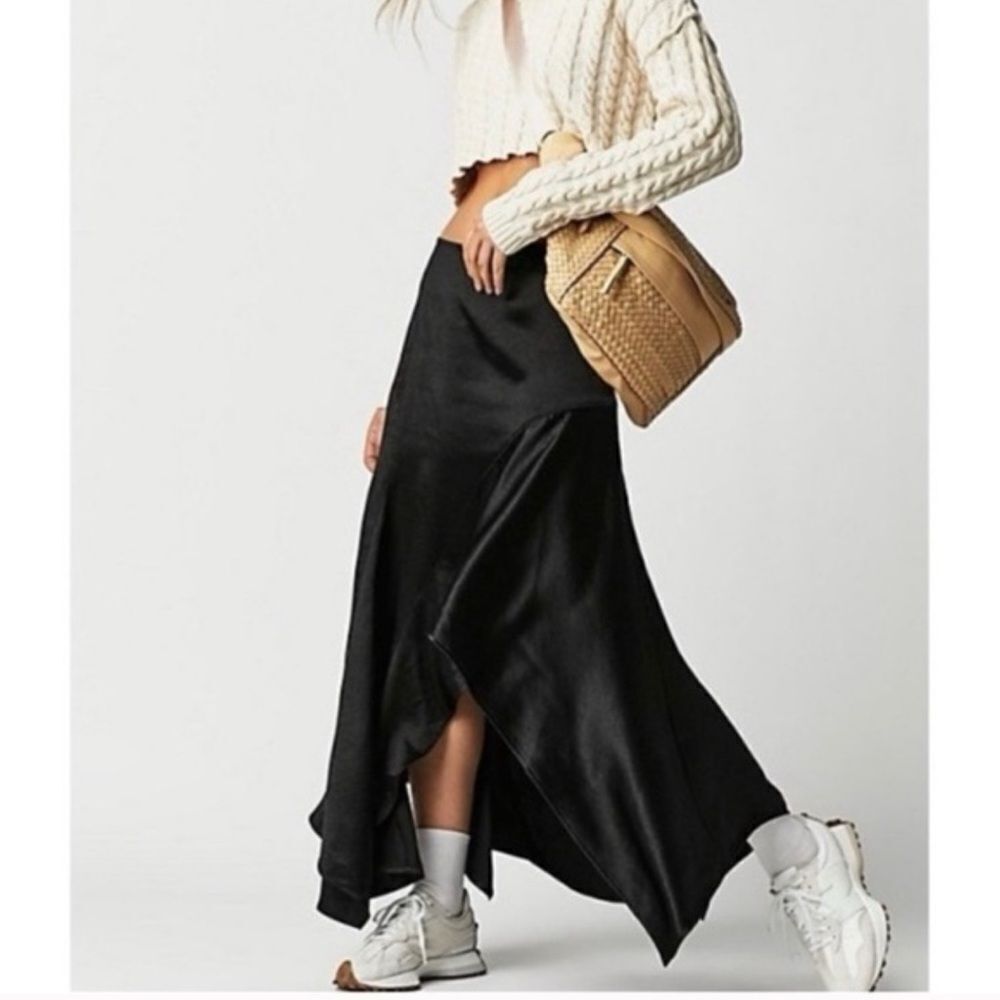 NWT Free People Black Satin High Low Skirt